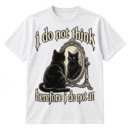 Distressed text reading “i do not think therefore i do not am” with a black cat looking at its reflection in a framed mirror.