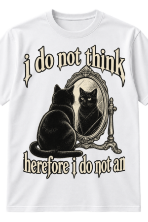 Distressed text reading “i do not think therefore i do not am” with a black cat looking at its reflection in a framed mirror.