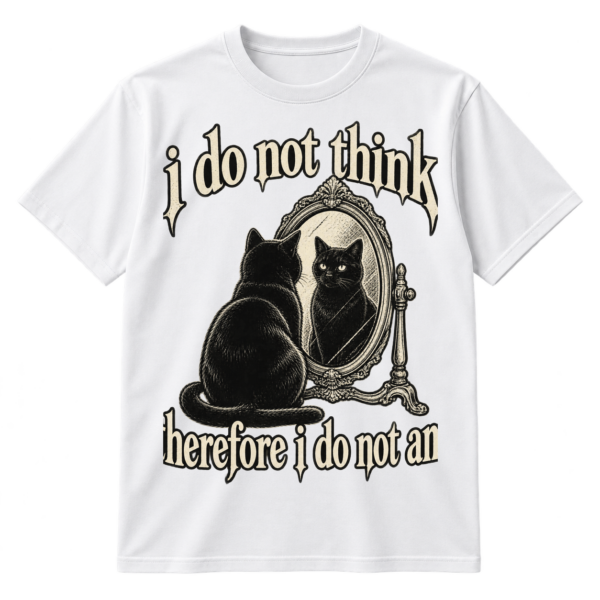 Distressed text reading “i do not think therefore i do not am” with a black cat looking at its reflection in a framed mirror.