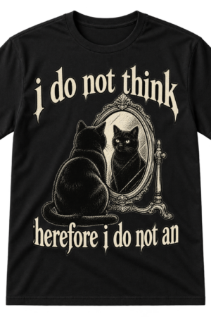 Distressed text reading “i do not think therefore i do not am” with a black cat looking at its reflection in a framed mirror.