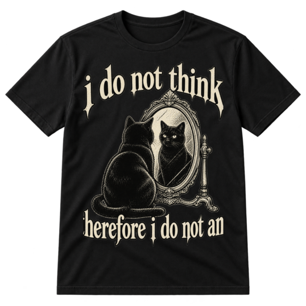 Distressed text reading “i do not think therefore i do not am” with a black cat looking at its reflection in a framed mirror.