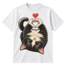 Upside-down fluffy black kitten with raised paws forming a heart and a small red heart overhead.