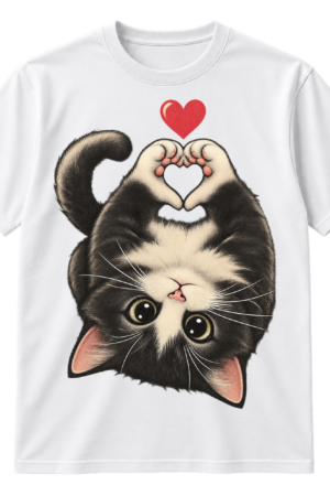 Upside-down fluffy black kitten with raised paws forming a heart and a small red heart overhead.