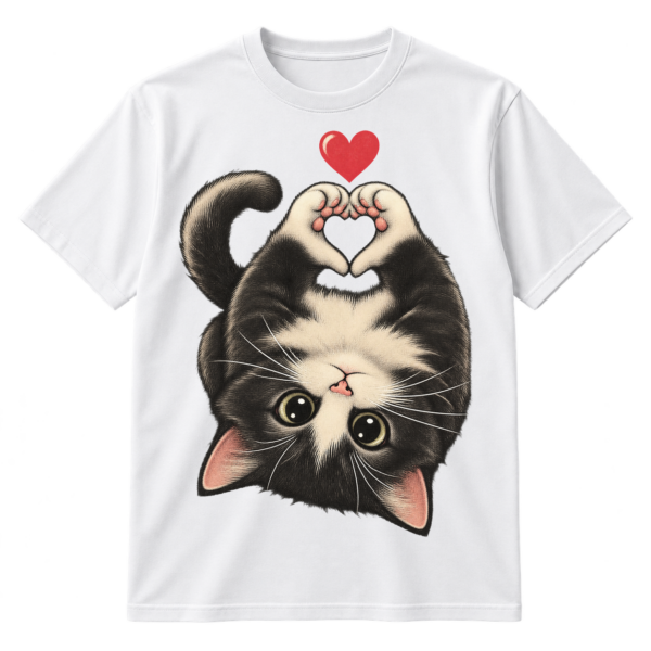 Upside-down fluffy black kitten with raised paws forming a heart and a small red heart overhead.