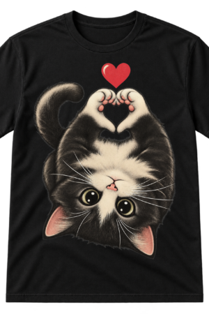 Upside-down fluffy black kitten with raised paws forming a heart and a small red heart overhead.