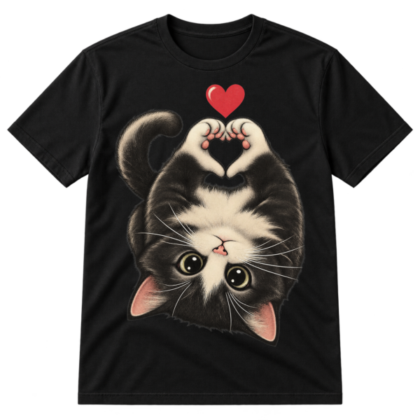 Upside-down fluffy black kitten with raised paws forming a heart and a small red heart overhead.