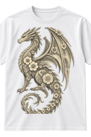 Intricate vintage floral line-art dragon with wings, blossoms, leaves, and curling vines.