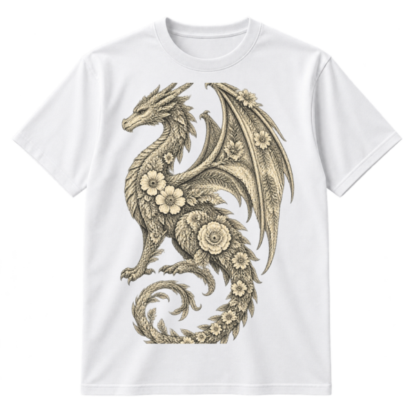 Intricate vintage floral line-art dragon with wings, blossoms, leaves, and curling vines.