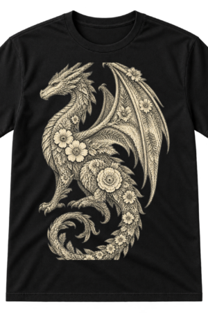 Intricate vintage floral line-art dragon with wings, blossoms, leaves, and curling vines.