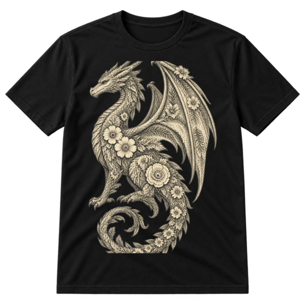 Intricate vintage floral line-art dragon with wings, blossoms, leaves, and curling vines.
