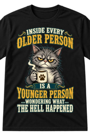 Vintage grumpy cat holding coffee with the quote Inside every older person is a younger person wondering what the hell happened.