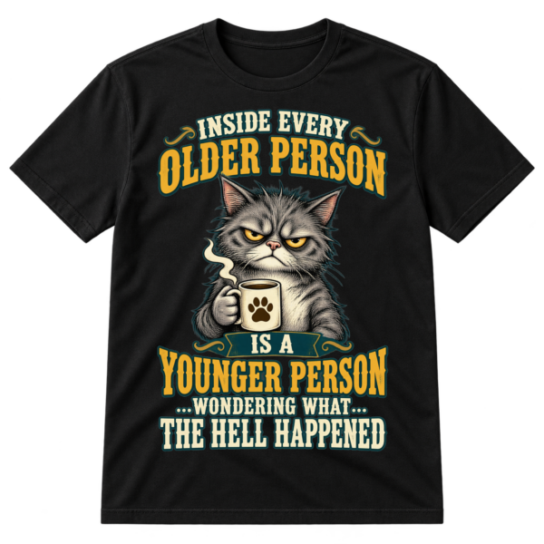 Vintage grumpy cat holding coffee with the quote Inside every older person is a younger person wondering what the hell happened.