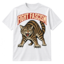 Vintage woodcut-style snarling tabby cat illustration beneath arched text reading FIGHT FASCISM.