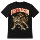 Vintage woodcut-style snarling tabby cat illustration beneath arched text reading FIGHT FASCISM.