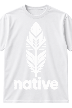 Lowercase native text beneath a symmetrical geometric feather-inspired emblem.