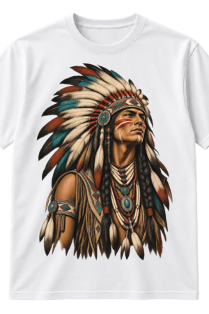 Distressed vintage-style portrait illustration of a warrior wearing a large feather headdress and layered beadwork.