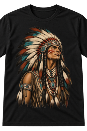 Distressed vintage-style portrait illustration of a warrior wearing a large feather headdress and layered beadwork.