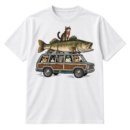 Vintage line art of cats in a retro station wagon carrying a giant fish, with a black cat sitting on top.