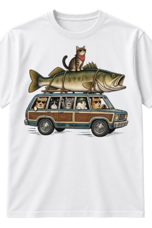 Vintage line art of cats in a retro station wagon carrying a giant fish, with a black cat sitting on top.