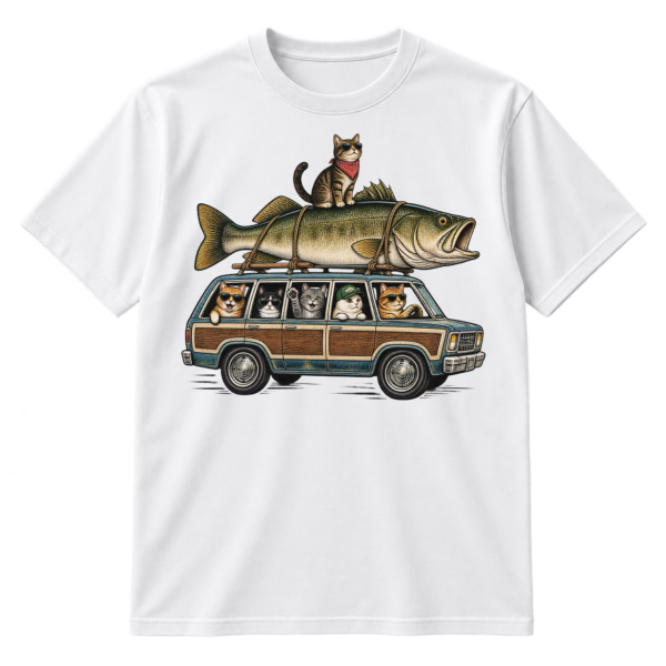 Vintage line art of cats in a retro station wagon carrying a giant fish, with a black cat sitting on top.