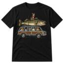 Vintage line art of cats in a retro station wagon carrying a giant fish, with a black cat sitting on top.