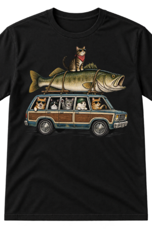 Vintage line art of cats in a retro station wagon carrying a giant fish, with a black cat sitting on top.