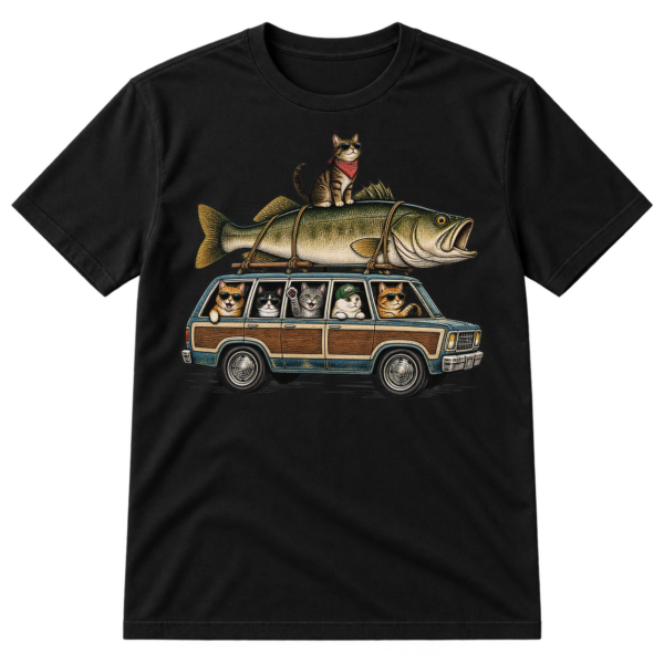 Vintage line art of cats in a retro station wagon carrying a giant fish, with a black cat sitting on top.