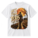 Vintage horror graphic reading “HE'S FROM TEXAS I CAN TELL” beside a chainsaw-carrying figure walking toward a farmhouse under a large moon.