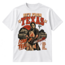 Vintage Texas horror graphic with distressed text, a masked chainsaw slasher, farmhouse scene, stars, and the phrase He's From Texas I Can Tell.