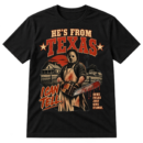 Vintage Texas horror graphic with distressed text, a masked chainsaw slasher, farmhouse scene, stars, and the phrase He's From Texas I Can Tell.