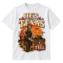 Vintage horror-western graphic with a masked chainsaw wielder in a rural Texas scene and the text HE’S FROM TEXAS I CAN TELL.