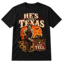 Vintage horror-western graphic with a masked chainsaw wielder in a rural Texas scene and the text HE’S FROM TEXAS I CAN TELL.
