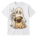 Vintage illustration of a sad ghost holding a steaming mug reading MEH beside a cute pug.