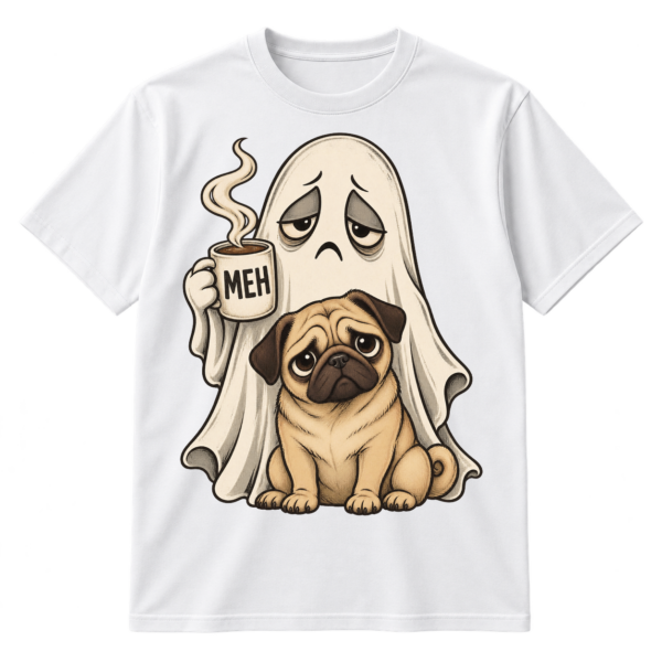 Vintage illustration of a sad ghost holding a steaming mug reading MEH beside a cute pug.