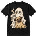 Vintage illustration of a sad ghost holding a steaming mug reading MEH beside a cute pug.