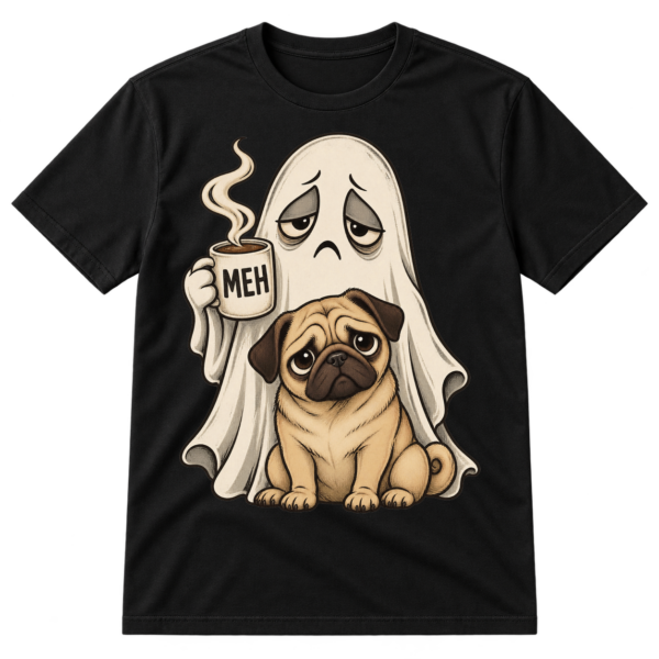 Vintage illustration of a sad ghost holding a steaming mug reading MEH beside a cute pug.
