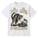 Vintage black engraving of a snarling cat confronting a coiled snake with the text “NO GODS NO MASTERS” and “NI DIEU NI MAÎTRE.”