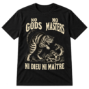 Vintage black engraving of a snarling cat confronting a coiled snake with the text “NO GODS NO MASTERS” and “NI DIEU NI MAÎTRE.”