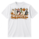 Six cartoon geese in ghost, mummy, vampire, Frankenstein, pumpkin, and skeleton costumes above the text “Spooky goose on the loose.”