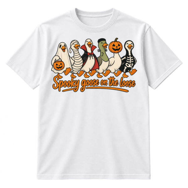 Six cartoon geese in ghost, mummy, vampire, Frankenstein, pumpkin, and skeleton costumes above the text “Spooky goose on the loose.”