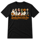 Six cartoon geese in ghost, mummy, vampire, Frankenstein, pumpkin, and skeleton costumes above the text “Spooky goose on the loose.”