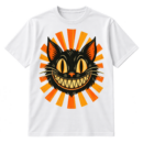 Distressed vintage cartoon cat head with tall oval eyes, whiskers, a toothy grin, and radiating sunburst rays.