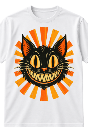 Distressed vintage cartoon cat head with tall oval eyes, whiskers, a toothy grin, and radiating sunburst rays.