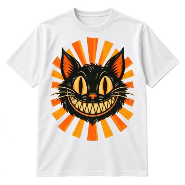 Distressed vintage cartoon cat head with tall oval eyes, whiskers, a toothy grin, and radiating sunburst rays.