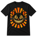 Distressed vintage cartoon cat head with tall oval eyes, whiskers, a toothy grin, and radiating sunburst rays.