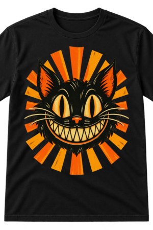 Distressed vintage cartoon cat head with tall oval eyes, whiskers, a toothy grin, and radiating sunburst rays.