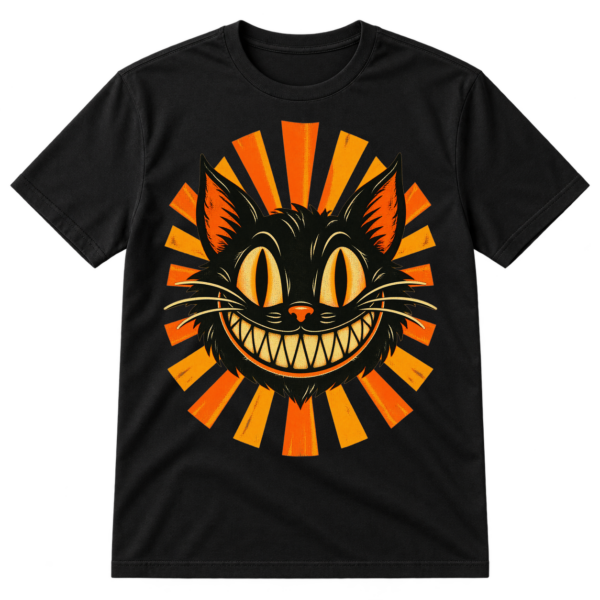 Distressed vintage cartoon cat head with tall oval eyes, whiskers, a toothy grin, and radiating sunburst rays.