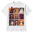 Vintage-style grid of nine cats wearing Halloween costumes with bats, moons, stars, and distressed panel borders.