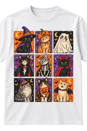 Vintage-style grid of nine cats wearing Halloween costumes with bats, moons, stars, and distressed panel borders.