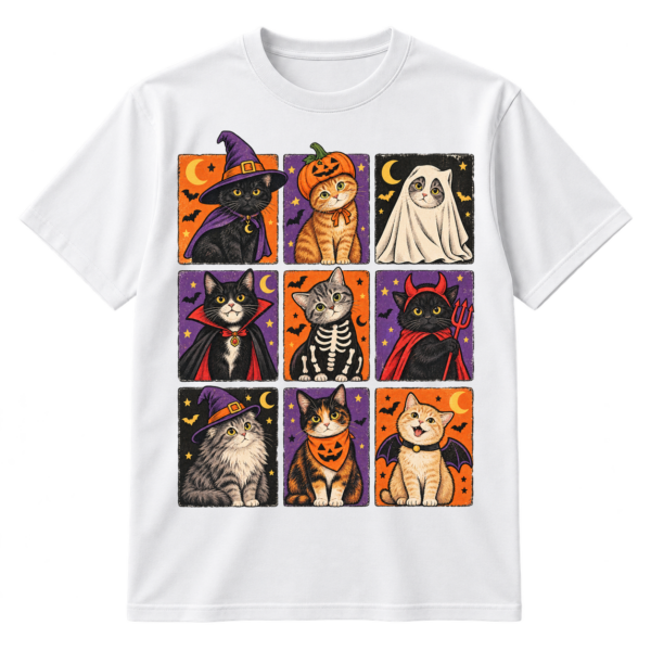 Vintage-style grid of nine cats wearing Halloween costumes with bats, moons, stars, and distressed panel borders.